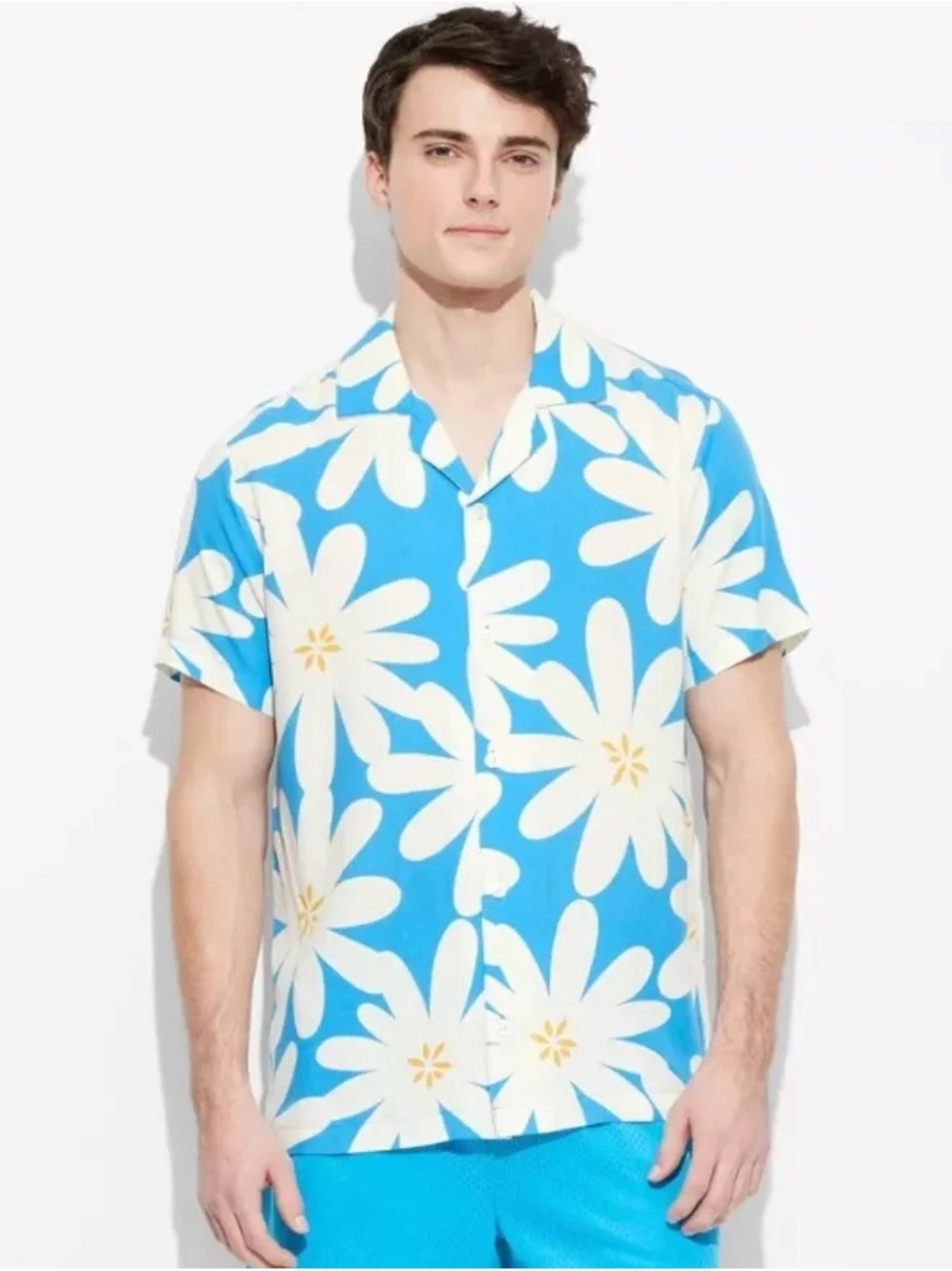 Woven Resort Blue & White Daisy Print Camp Collar Shirt